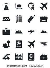 Set of vector isolated black icon - plane vector, runway, taxi, suitcase, baggage trolley, passport, ladder car, helicopter, seat map, luggage storage, scales, globe, mountains, case