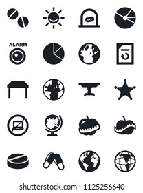 Set of vector isolated black icon - no laptop vector, ticket office, globe, document reload, pills, diet, earth, pie graph, table, police, alarm led