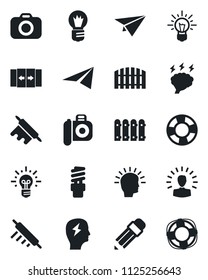 Set of vector isolated black icon - automatic door vector, brainstorm, bulb, camera, pencil, fence, rolling pin, energy saving, shining head, idea, paper plane, crisis management