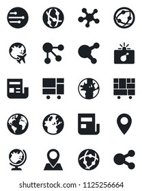 Set of vector isolated black icon - bomb in case vector, globe, plane, earth, pin, consolidated cargo, network, share, news, social media
