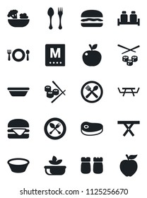 Set of vector isolated black icon - spoon and fork vector, picnic table, cafe, menu, salad, salt pepper, steak, hamburger, bowl, sushi, apple fruit