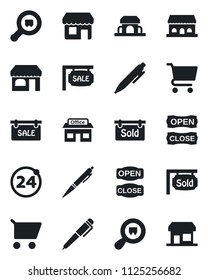 Set of vector isolated black icon - 24 around vector, shop, pen, store, search cargo, sale, sold signboard, cafe building, open close, cart, storefront