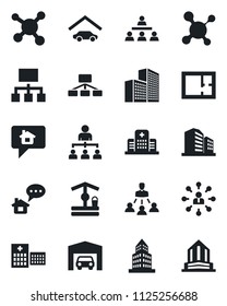 Set of vector isolated black icon - hierarchy vector, well, molecule, hospital, office building, garage, plan, home message