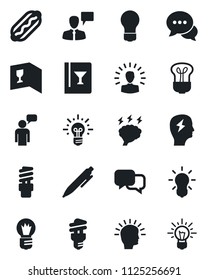 Set of vector isolated black icon - speaking man vector, pen, brainstorm, bulb, dialog, wine card, hot dog, energy saving, shining head, idea