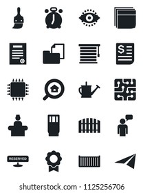 Set of vector isolated black icon - alarm clock vector, reception, speaking man, watering can, cargo container, receipt, folder document, themes, eye id, sertificate, blank box, contract, fence