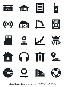 Set of vector isolated black icon - security gate vector, vip, crisis graph, house, navigation, clipboard, headphones, sd, brightness, pie, sun panel, warehouse, sale, office building, washer