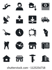 Set of vector isolated black icon - escalator vector, tie, lawn mower, ambulance car, caries, joint, store, support, package, satellite antenna, tv, clock, download, pie graph, office phone, house