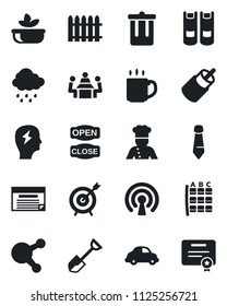 Set of vector isolated black icon - trash bin vector, seat map, book, tie, brainstorm, shovel, fence, rain, car delivery, share, rca, coffee, meeting, cook, salad, open close, wireless, target