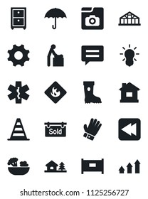 Set of vector isolated black icon - fence vector, baby room, border cone, glove, boot, house, greenhouse, ambulance star, umbrella, flammable, rewind, message, settings, photo gallery, archive box