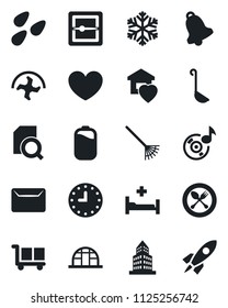 Set of vector isolated black icon - spoon and fork vector, ripper, rake, greenhouse, seeds, heart, hospital bed, clock, cargo, bell, scanner, music, battery, office building, document search, mail