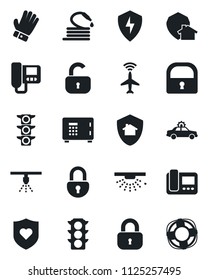 Set of vector isolated black icon - plane radar vector, alarm car, safe, glove, hose, heart shield, traffic light, protect, lock, intercome, home, sprinkler, crisis management