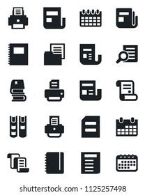 Set of vector isolated black icon - contract vector, document search, notepad, calendar, printer, folder, news, copybook, book