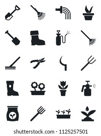 Set of vector isolated black icon - job vector, flower in pot, shovel, farm fork, rake, seedling, watering, pruner, boot, sickle, garden sprayer, fertilizer, irrigation