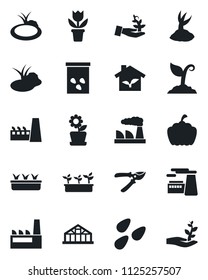 Set of vector isolated black icon - factory vector, flower in pot, sproute, pruner, seedling, pumpkin, greenhouse, seeds, pond, eco house, palm