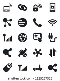 Set of vector isolated black icon - wireless notebook vector, satellite, share, chain, rca, call, network, data exchange, cellular signal, power plug, lock, router, home control app, social media