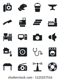 Set of vector isolated black icon - camera vector, desk, bucket, glove, stethoscope, radio, antenna, speaker, mobile, paper tray, copier, table, factory, knife, home control, pc, washer