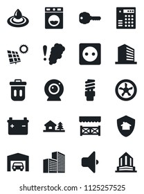 Set of vector isolated black icon - office building vector, house with tree, sun panel, garage, key, alcove, socket, fan, web camera, water, washer, smoke detector, energy saving bulb, sound