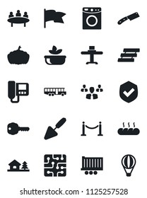 Set of vector isolated black icon - fence vector, airport bus, meeting, trowel, pumpkin, truck trailer, shield, paper tray, house with tree, key, restaurant table, salad, bread, knife, chip, washer