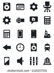 Set of vector isolated black icon - train vector, left arrow, mobile phone, settings, video camera, cell, radio, speaker, back, clock, calculator, sound, home message, office chair, calendar