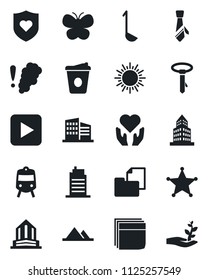 Set of vector isolated black icon - train vector, sun, coffee, butterfly, heart shield, hand, folder document, play button, office building, blank box, tie, mountains, city house, ladle, police
