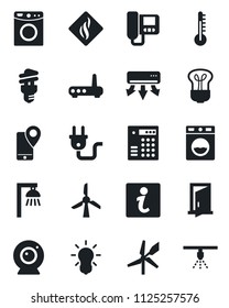 Set of vector isolated black icon - mobile tracking vector, power plug, router, web camera, air conditioner, intercome, washer, smoke detector, thermometer, bulb, energy saving, outdoor lamp, door