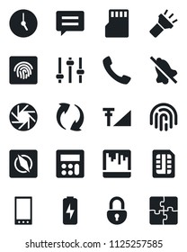 Set of vector isolated black icon - mobile vector, call, message, update, camera, tuning, calculator, clock, scanner, sd, sim, torch, mute, compass, lock, fingerprint id, cellular signal, charge