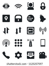 Set of vector isolated black icon - antenna vector, mobile, call, menu, settings, bell, mail, scanner, network, data exchange, wireless, place tag, lock, face id, eye, video
