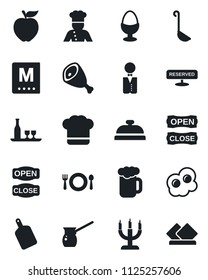 Set of vector isolated black icon - waiter vector, cook, alcohol, cafe, hat, menu, reserved, reception, beer, egg stand, candle, open close, ham, ladle, cutting board, turkish coffee, omelette