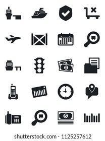 Set of vector isolated black icon - plane vector, cash, traffic light, office phone, mobile tracking, sea shipping, clock, term, port, container, folder document, no trolley, shield, search cargo