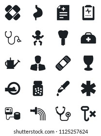 Set of vector isolated black icon - baby vector, watering can, doctor case, diagnosis, stethoscope, blood pressure, dropper, pills bottle, patch, tomography, ambulance star, stomach, implant, client