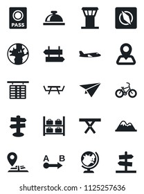 Set of vector isolated black icon - airport tower vector, signpost, reception bell, passport, globe, plane, flight table, luggage storage, picnic, bike, navigation, earth, route, compass, mountains