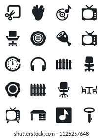 Set of vector isolated black icon - cafe vector, office chair, desk, stamp, fence, real heart, tv, headphones, cut, music, ham, clock, tie