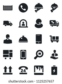 Set of vector isolated black icon - phone vector, reception, mobile, 24 hours, support, client, cargo container, car delivery, consolidated, up side sign, search, cell, scanner, moving, dish, waiter