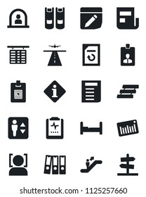 Set of vector isolated black icon - runway vector, elevator, escalator, reception, flight table, identity card, book, document, reload, pulse clipboard, barcode, notes, face id, news, paper binder
