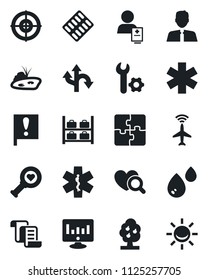 Set of vector isolated black icon - plane radar vector, luggage storage, contract, statistic monitor, heart diagnostic, pills blister, ambulance star, patient, route, important flag, application