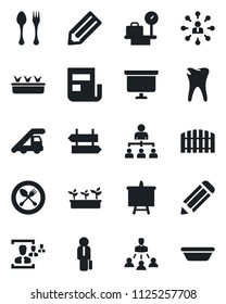 Set of vector isolated black icon - spoon and fork vector, signpost, ladder car, luggage scales, hierarchy, presentation board, pencil, seedling, caries, news, hr, manager, fence, bowl