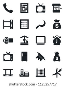 Set of vector isolated black icon - alarm clock vector, abacus, money bag, well, sickle, film frame, tv, video camera, call, office phone, rolling pin, fridge, windmill