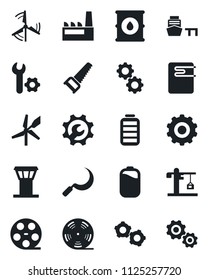 Set of vector isolated black icon - airport tower vector, gear, saw, sickle, sea port, oil barrel, reel, battery, root setup, windmill, crane, factory, water heater