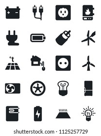 Set of vector isolated black icon - rca vector, battery, charge, air conditioner, fridge, home control, socket, power plug, fan, water heater, warm floor, bulb, windmill, idea