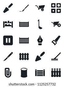 Set of vector isolated black icon - trowel vector, rake, wheelbarrow, saw, scalpel, cargo container, oil barrel, rack, pause button, application, paper clip, ink pen, ladle, radiator