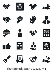 Set of vector isolated black icon - passport vector, handshake, document, garden fork, glove, client, finger up, fingerprint id, contract, waiter, combination lock, palm sproute, investment