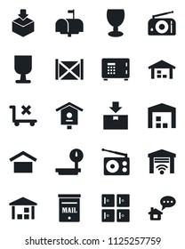 Set of vector isolated black icon - safe vector, checkroom, bird house, container, fragile, warehouse storage, no trolley, package, heavy scales, radio, mailbox, garage gate control, home message