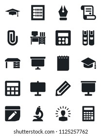 Set of vector isolated black icon - graduate vector, desk, notepad, presentation board, pencil, contract, microscope, calculator, notes, paper clip, abacus, ink pen, book, shining head