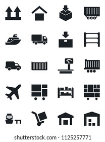 Set of vector isolated black icon - plane vector, sea shipping, truck trailer, cargo container, car delivery, port, consolidated, warehouse storage, up side sign, package, heavy scales, rack