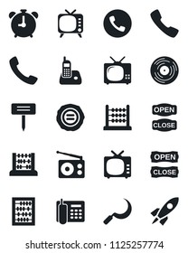 Set of vector isolated black icon - alarm clock vector, phone, abacus, stamp, sickle, plant label, vinyl, radio, tv, call, office, open close, rocket
