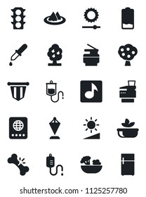 Set of vector isolated black icon - passport vector, pennant, dropper, broken bone, traffic light, low battery, brightness, music, copier, fruit tree, serviette, salad, fridge