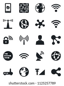 Set of vector isolated black icon - antenna vector, earth, satellite, network, share, user, wireless, cellular signal, chip, lock, router, home control app, social media