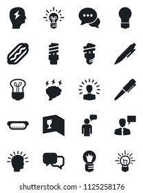 Set of vector isolated black icon - speaking man vector, pen, brainstorm, bulb, dialog, wine card, hot dog, energy saving, shining head, idea