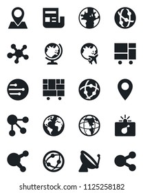 Conjunto de iconos negros vectoriales aislados - antena satelital vectorial, bomba en caso, globo, plano, tierra, pin, carga consolidada, red, compartir, noticias, medios sociales