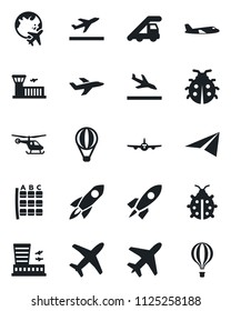 Set of vector isolated black icon - plane vector, departure, arrival, ladder car, helicopter, seat map, globe, airport building, lady bug, rocket, paper, air balloon